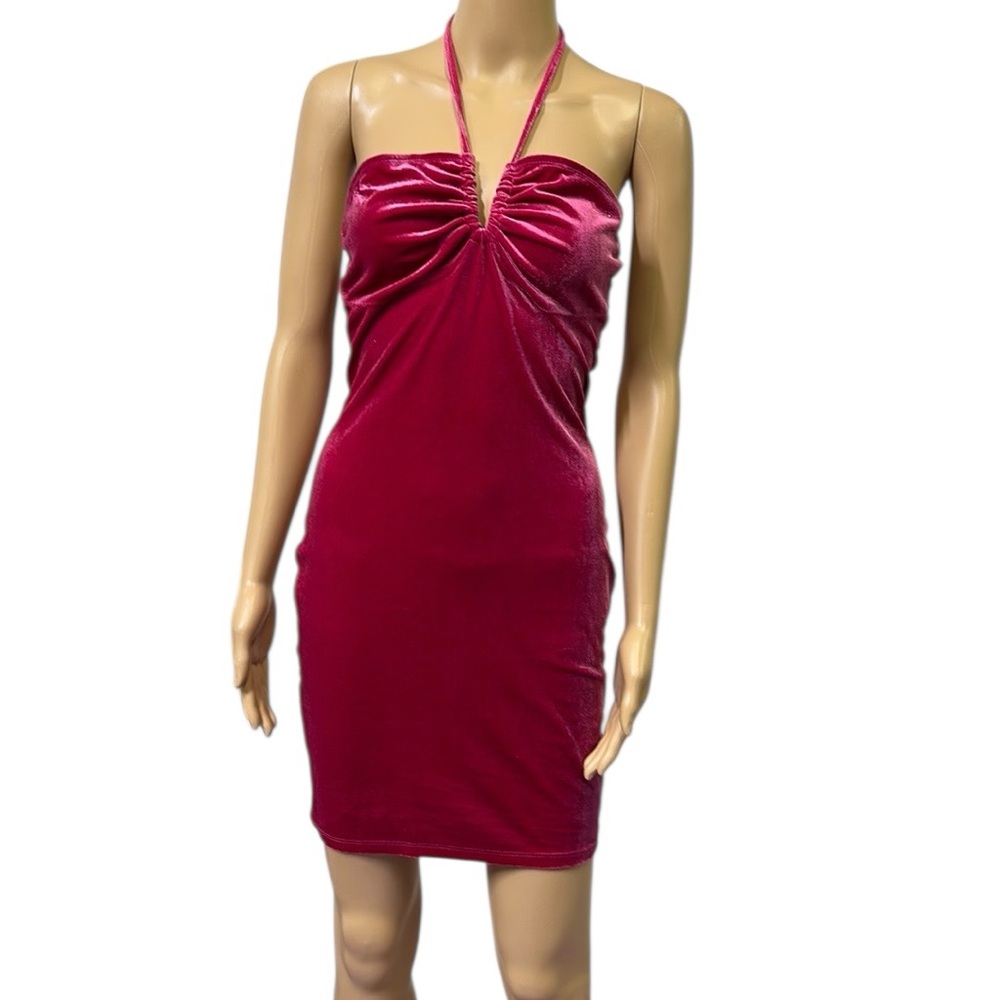 Bear Dance Pink Soft Stretch Velvet Ruched Chest Halter Mini Dress Medium